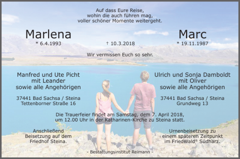  Traueranzeige für Marlena und Marc vom 03.04.2018 aus Harz Kurier