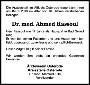 Traueranzeige von Dr. med. Ahmed Rassoul von Harz Kurier