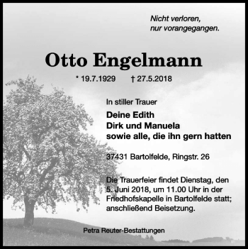 Traueranzeige von Otto Engelmann von Harz Kurier