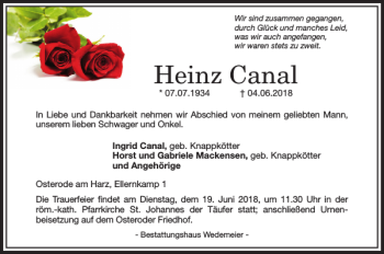 Traueranzeige von Heinz Canal von Harz Kurier
