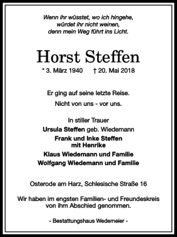 Traueranzeige von Horst Steffen von Harz Kurier