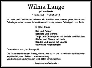 Traueranzeige von Wilma Lange von Harz Kurier