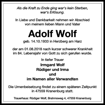Traueranzeige von Adolf Wolf von Harz Kurier