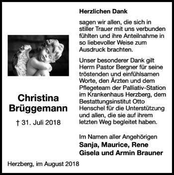 Traueranzeige von Christina Brüggemann von Harz Kurier