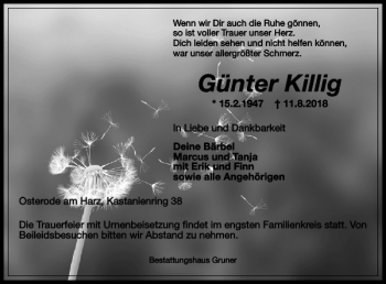 Traueranzeige von Günter Killig von Harz Kurier