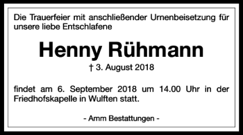 Traueranzeige von Henny Rühmann von Harz Kurier