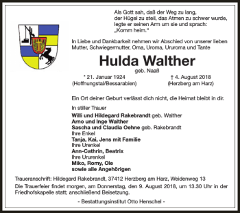 Traueranzeige von Hulda Walther von Harz Kurier
