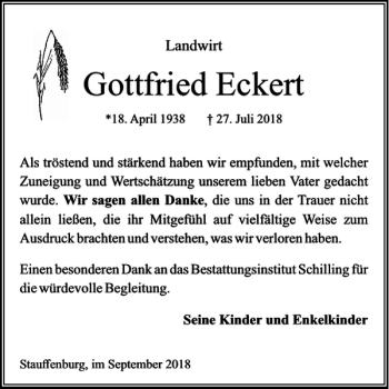 Traueranzeige von Gottfried Eckert von Harz Kurier