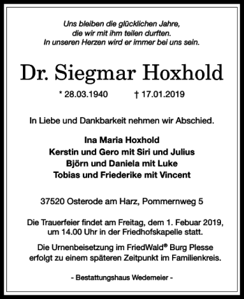 Traueranzeige von Dr. Siegmar Hoxhold von Harz Kurier