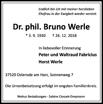 Traueranzeige von Dr. phil. Bruno Werle von Harz Kurier
