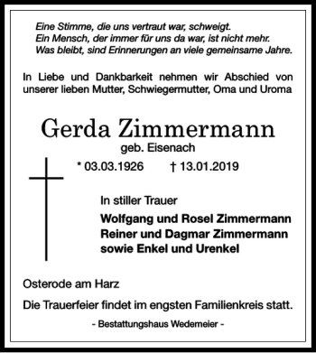 Traueranzeige von Gerda Zimmermann von Harz Kurier