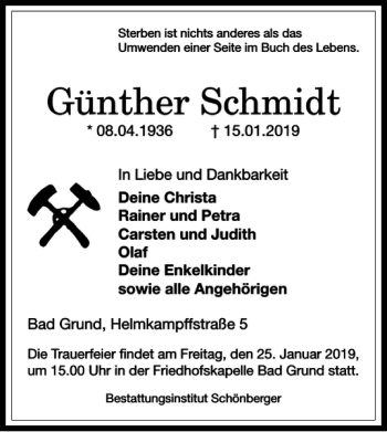 Traueranzeige von Günther Schmidt von Harz Kurier