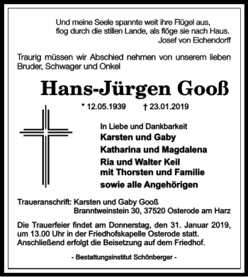 Traueranzeige von Hans-Jürgen Gooß von Harz Kurier