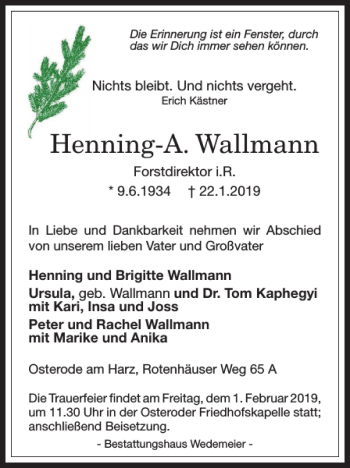 Traueranzeige von Henning-A. Wallmann von Harz Kurier