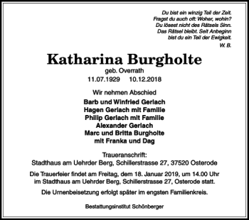Traueranzeige von Katharina Burgholte von Harz Kurier