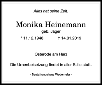 Traueranzeige von Monika Heinemann von Harz Kurier