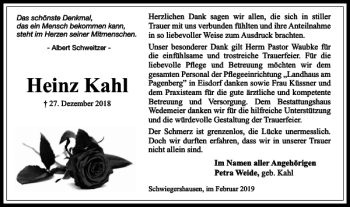 Traueranzeige von Heinz Kahl von Harz Kurier