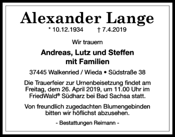 Traueranzeige von Alexander Lange von Harz Kurier