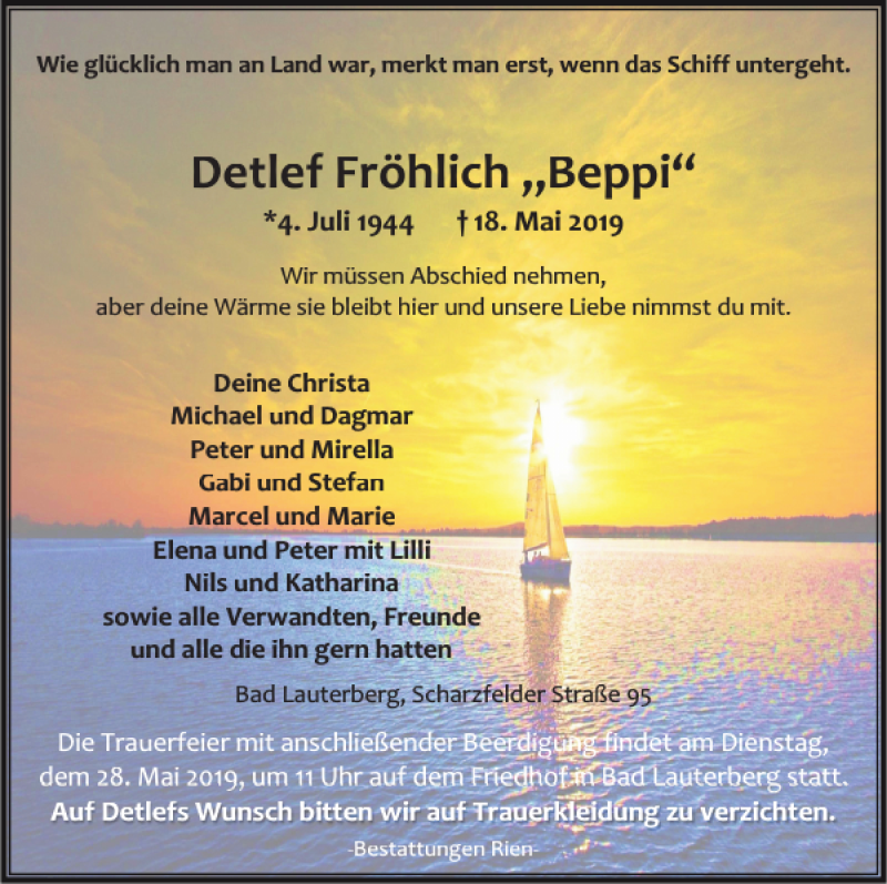  Traueranzeige für Detlef Fröhlich Beppi vom 25.05.2019 aus Harz Kurier