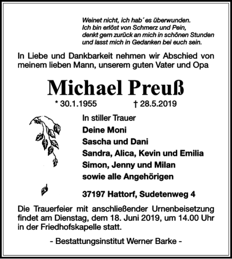  Traueranzeige für Michael Preuß vom 14.06.2019 aus Harz Kurier