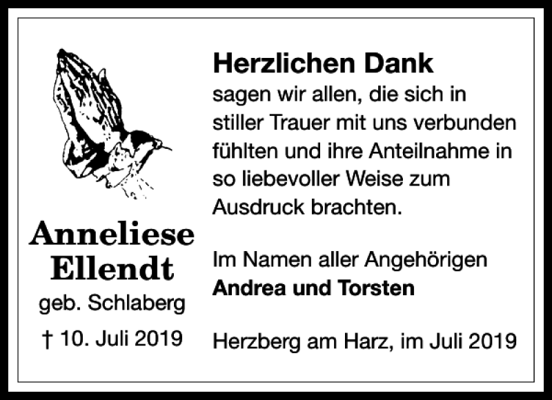  Traueranzeige für Anneliese Ellendt vom 20.07.2019 aus Harz Kurier