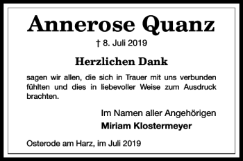 Traueranzeige von Annerose Quanz von Harz Kurier