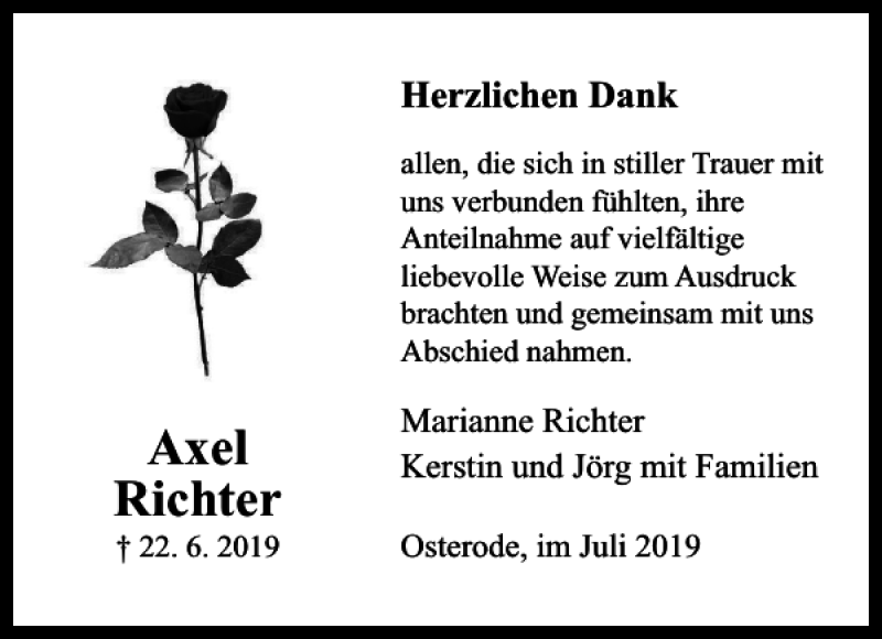  Traueranzeige für Axel Richter vom 20.07.2019 aus Harz Kurier