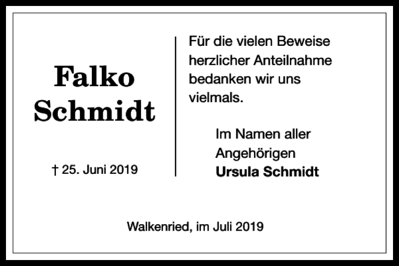  Traueranzeige für Falko Schmidt vom 27.07.2019 aus Harz Kurier