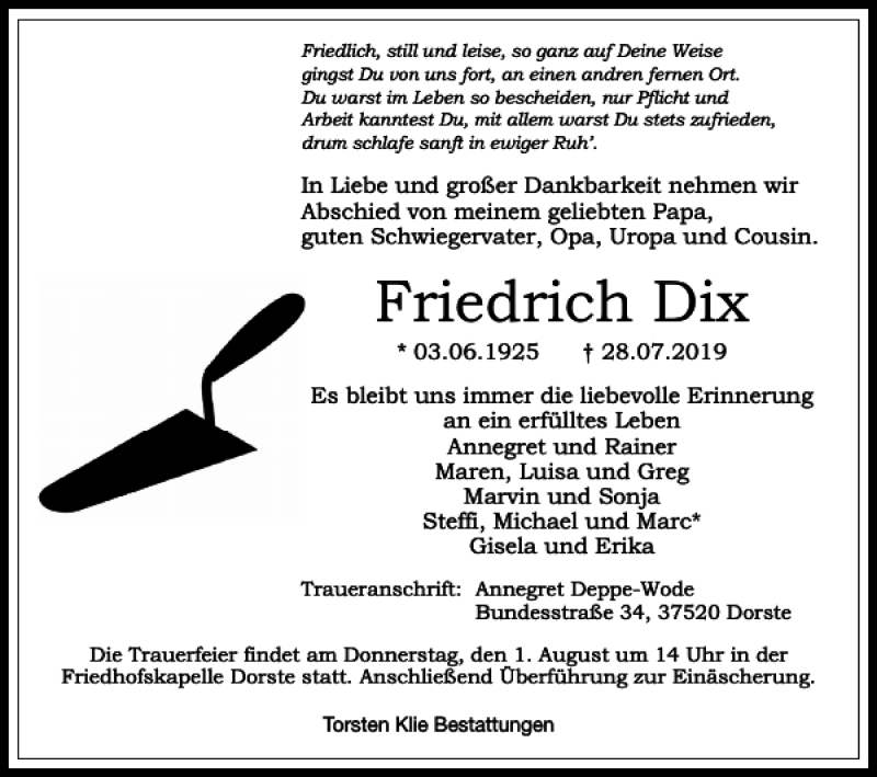  Traueranzeige für Friedrich Dix vom 30.07.2019 aus Harz Kurier