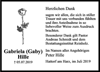 Traueranzeige von Gabriela Gaby Hille von Harz Kurier