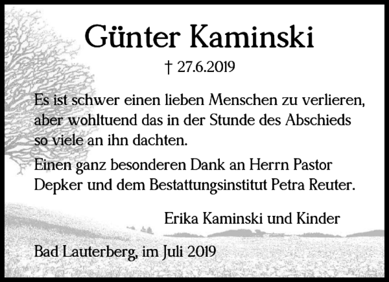  Traueranzeige für Günter Kaminski vom 31.07.2019 aus Harz Kurier