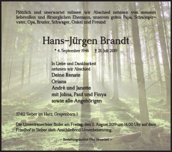 Traueranzeige von Hans-Jürgen Brandt von Harz Kurier