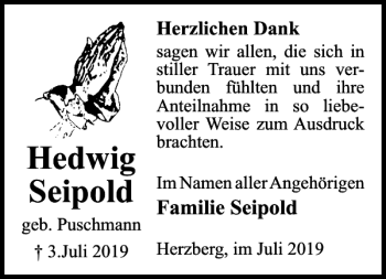 Traueranzeige von Hedwig Seipold von Harz Kurier