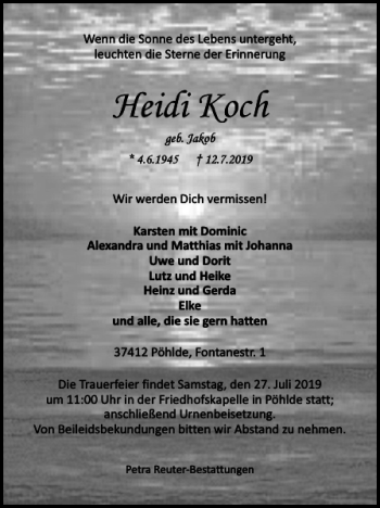 Traueranzeige von Heidi Koch von Harz Kurier