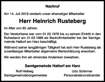 Traueranzeige von Heinrich Rusteberg von Harz Kurier