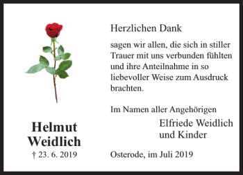 Traueranzeige von Helmut Weidlich von Harz Kurier