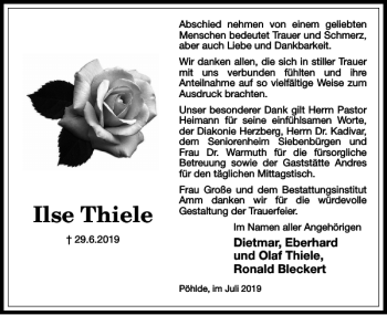 Traueranzeige von Ilse Thiele von Harz Kurier
