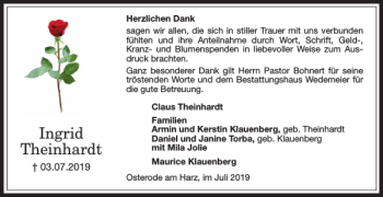 Traueranzeige von Ingrid Theinhardt von Harz Kurier