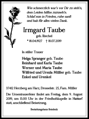 Traueranzeige von Irmgard Taube von Harz Kurier