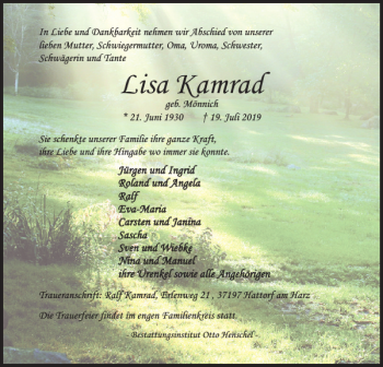 Traueranzeige von Lisa Kamrad von Harz Kurier