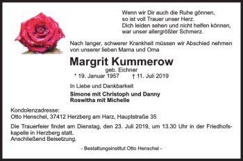 Traueranzeige von Margrit Kummerow von Harz Kurier