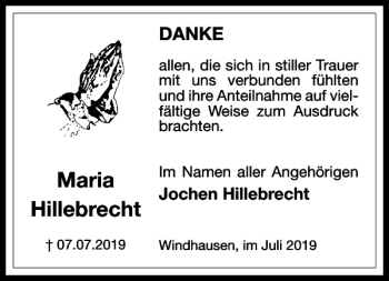 Traueranzeige von Maria Hillebrecht von Harz Kurier