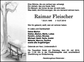 Traueranzeige von Raimar Fleischer von Harz Kurier