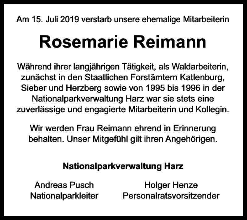  Traueranzeige für Rosemarie Reimann vom 27.07.2019 aus Harz Kurier