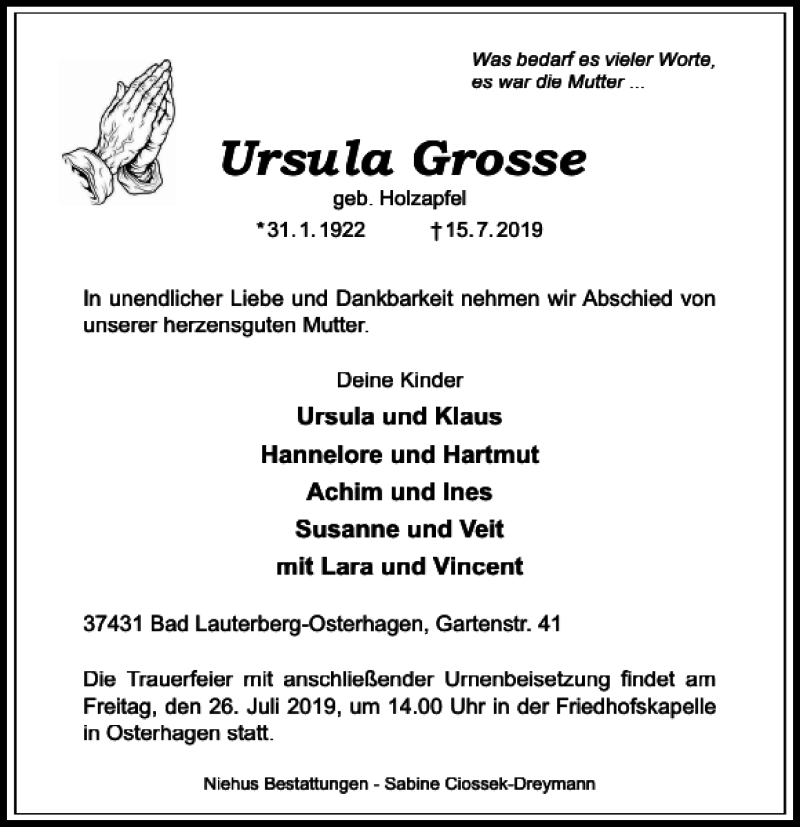  Traueranzeige für Ursula Grosse vom 20.07.2019 aus Harz Kurier