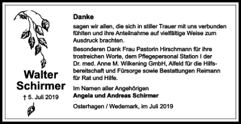 Traueranzeige von Walter Schirmer von Harz Kurier