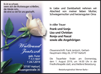 Traueranzeige von Waltraud Jentzsch von Harz Kurier