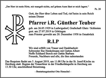 Traueranzeige von i. R. Günther Teuber von Harz Kurier