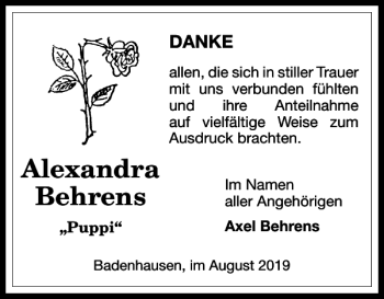 Traueranzeige von Alexandra Behrens von Harz Kurier