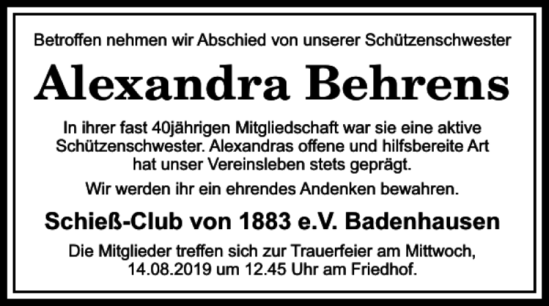  Traueranzeige für Alexandra Behrens vom 10.08.2019 aus Harz Kurier